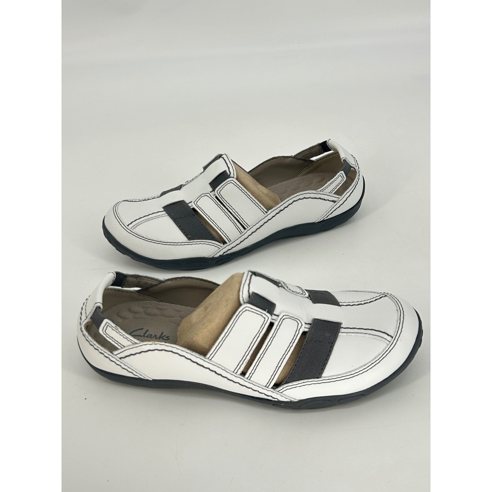 Clarks Women's Haley Stork Leather Slip-On, White/Grey, Size 8W "NEW"